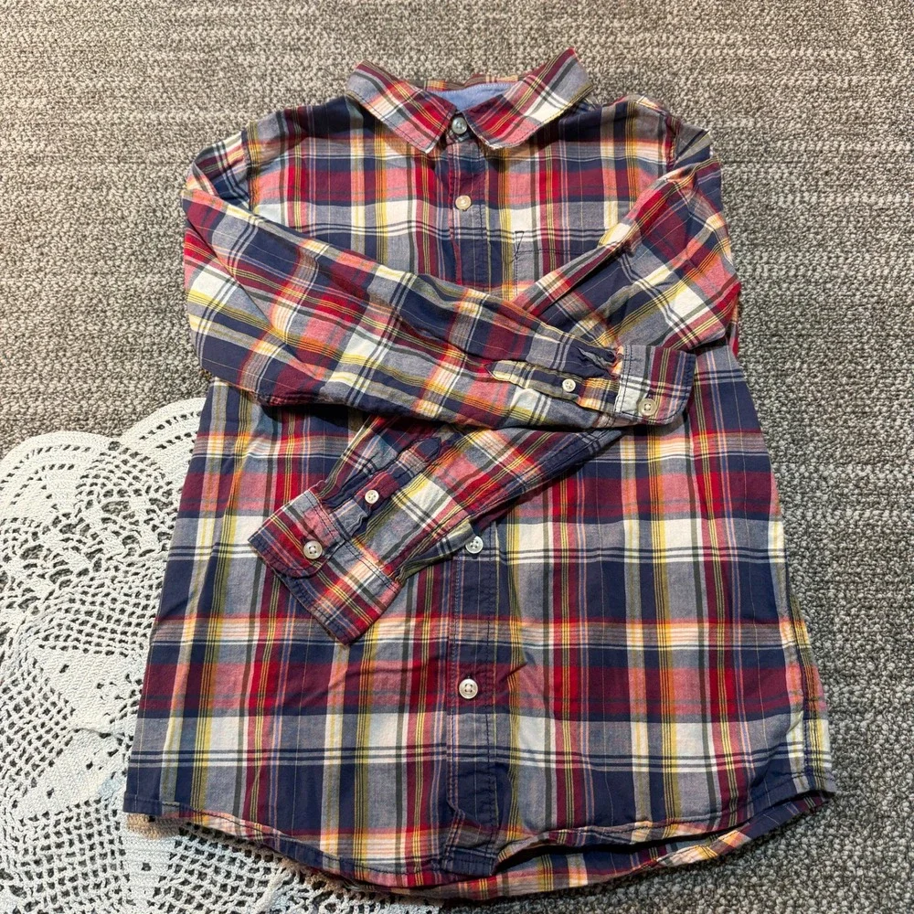 Carters Boys Size 12 Red Navy Plaid Long Sleeve Cotton Button Down Shirt